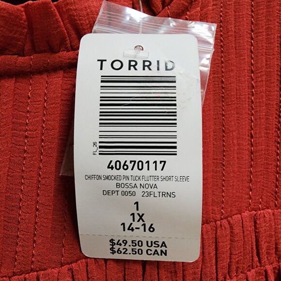 NWT Torrid Burnt Orange Chiffon Smocked Pintuck Flutter Top Size 1 (14/16) - Picture 9 of 9